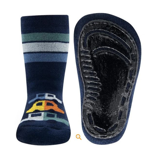 Ewers antislipsokken donkerblauw met autos en strepen